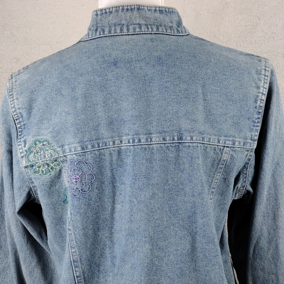 Denim & Co. Vintage Light Blue Embroidered High Collar Button Up Denim Shacket - Picture 9 of 14